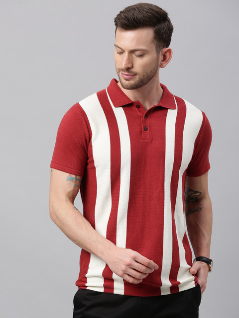 

Jack & Jones Men Red & White Striped Polo Collar T-shirt