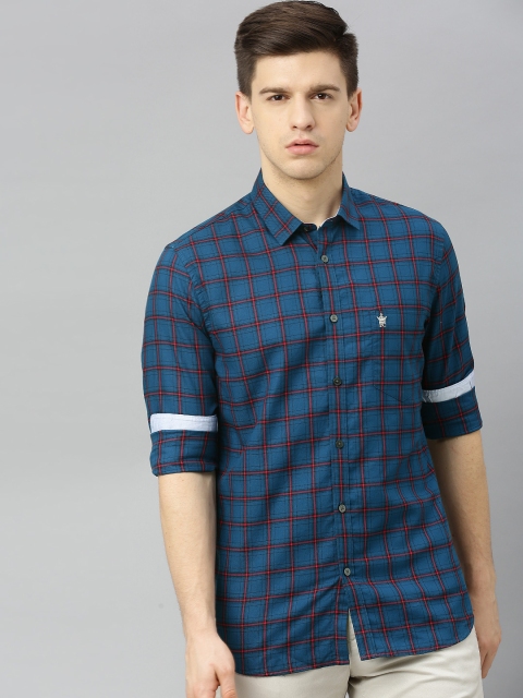 

French Connection Men Navy Blue & Red Slim Fit Checked Casual Shirt