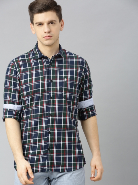 

French Connection Men Olive Green & Navy Blue Slim Fit Checked Casual Shirt