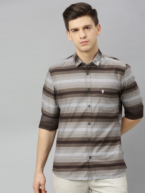 

French Connection Men Brown & Grey Slim Fit Striped Casual Shirt