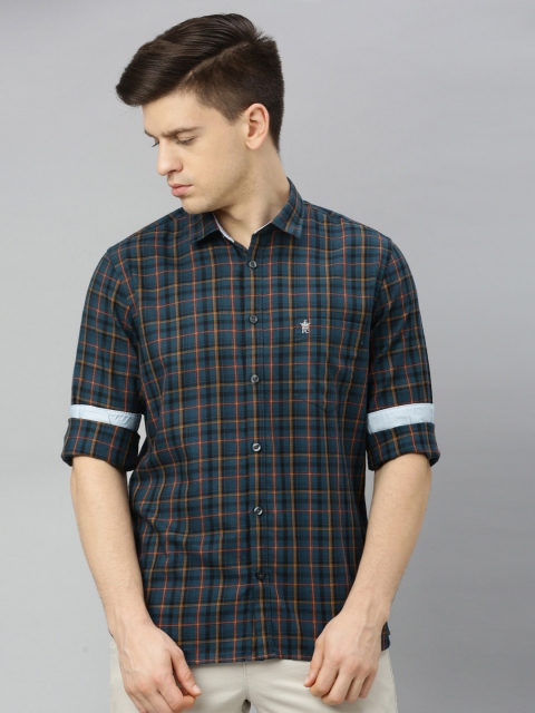 

French Connection Men Teal Blue & Orange Slim Fit Checked Casual Shirt