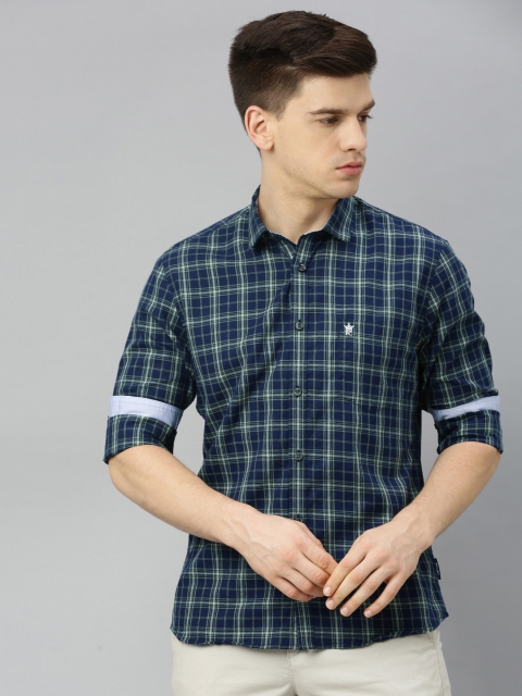 

French Connection Men Blue & Green Slim Fit Checked Casual Shirt
