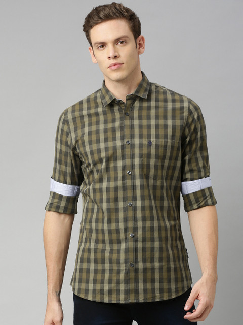 

French Connection Men Olive Green & Brown Slim Fit Checked Casual Shirt