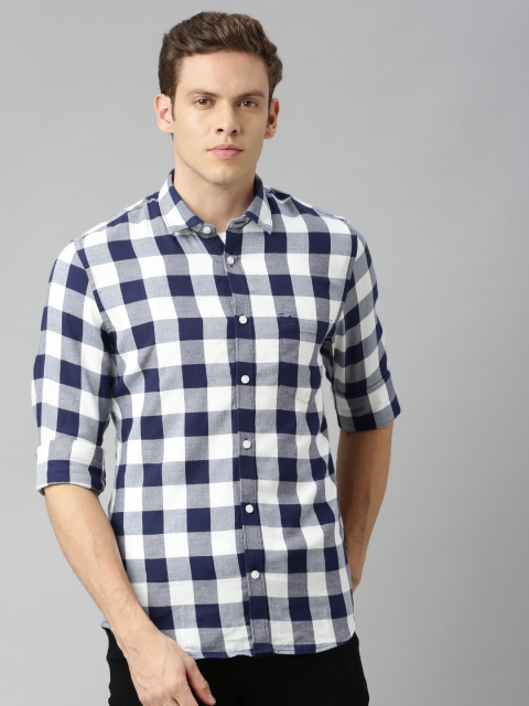 

French Connection Men Blue & White Slim Fit Checked Casual Shirt