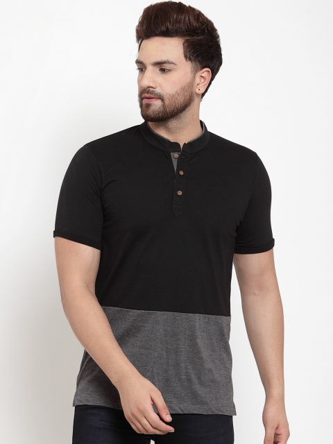 

Kalt Men Grey Melange & Black Colourblocked Henley Neck T-shirt