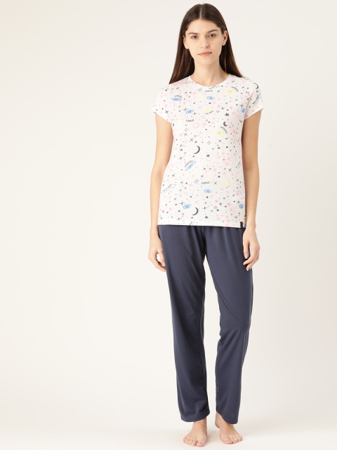 

MADAME M SECRET Women Off-White & Navy Blue Printed Night suit