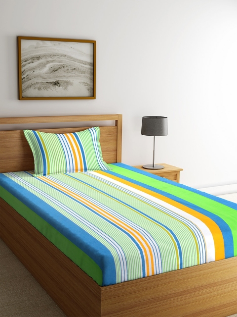 

HOSTA HOMES Green & White Striped Single Bedsheet with 1 Pillow Covers