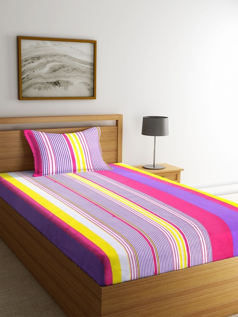 

HOSTA HOMES Multicoloured Striped 180 TC Cotton 1 Single Bedsheet with 1 Pillow Cover, Multi