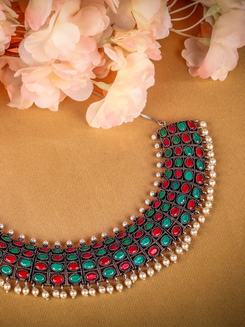 

LAIDA Oxidised Silver-Plated Red & Green Stone-Studded Beaded Jewellery Set