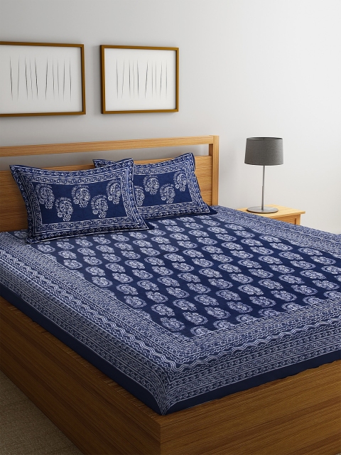 Rajasthan Decor Blue Floral 144 TC Cotton 1 King Bedsheet with 2 Pillow Covers