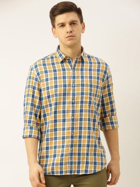 

John Players Men Yellow & Blue Trim Slim Fit Checked Casual Shirt