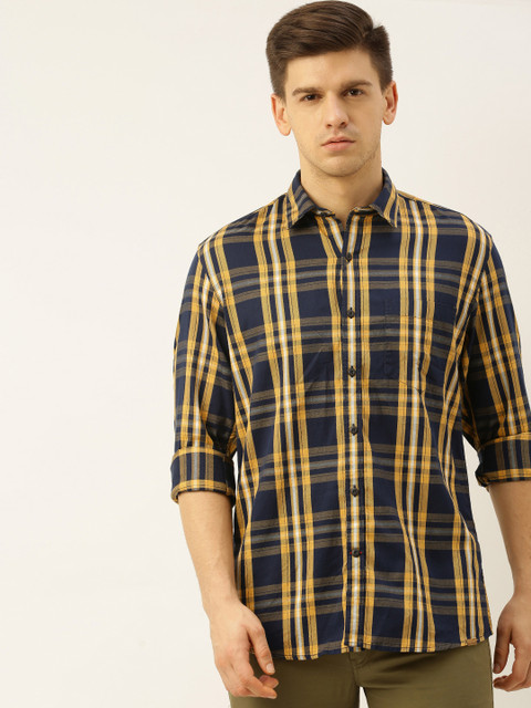 

John Players Men Navy Blue & Mustard yellow Trim Slim Fit Checked Casual Shirt