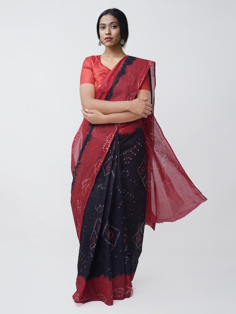 

Unnati Silks Black & Red Pure Cotton Printed Bandhani Handloom Saree