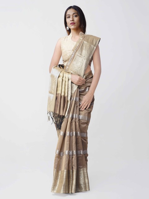 

Unnati Silks Women Brown & Silver Silk Cotton Woven Design Banarasi Saree