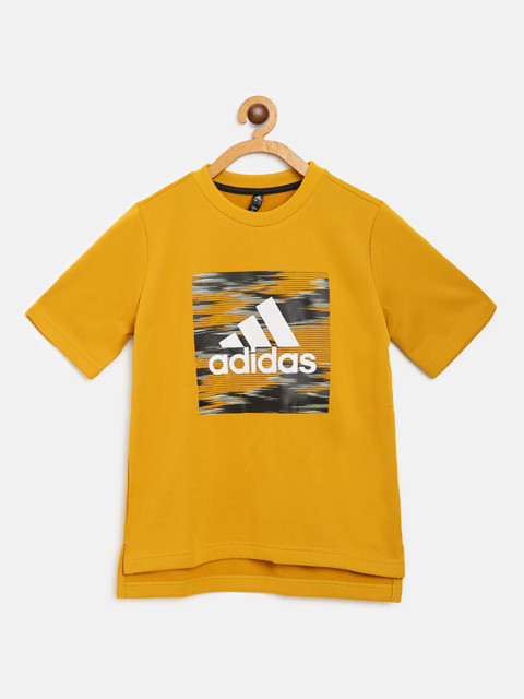

ADIDAS Boys Mustard Yellow Brand Logo Print B.A.R. Warm Training T-shirt