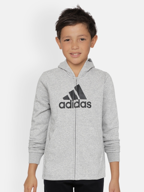 

ADIDAS Boys Grey Melange & Black MH BOS FZ Brand Logo Print Hooded Sweatshirt