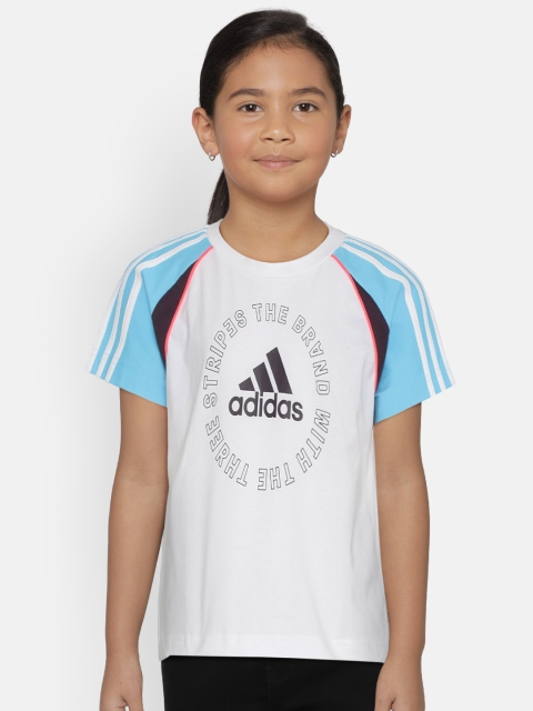 

ADIDAS Girls White & Blue Brand Logo Print Bold Cropped T-shirt