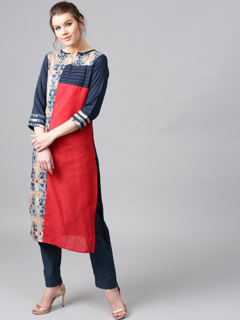 

AKS Women Red & Navy Blue Colourblocked Straight Kurta