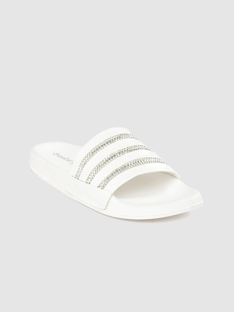 

DressBerry Women White & Silver-Toned Stripe Studded Open Toe Flats