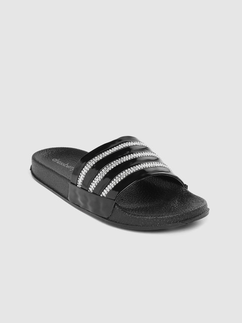 

DressBerry Women Black & Silver-Toned Stripe Studded Open Toe Flats