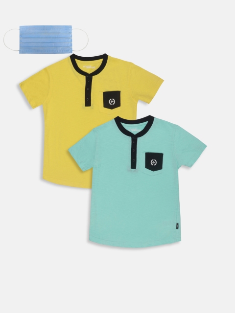 

Lil Tomatoes Boys Pack Of 2 Yellow Sea Green Solid Round Neck T-shirt
