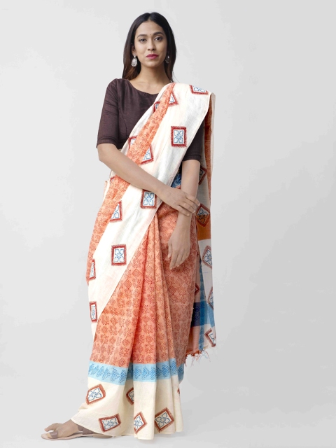 

Unnati Silks Orange & White Pure Cotton Printed Mangalagiri Saree