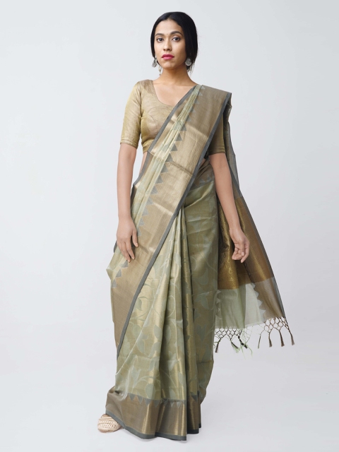 

Unnati Silks Green & Gold-Toned Silk Cotton Woven Design Banarasi Handloom Saree