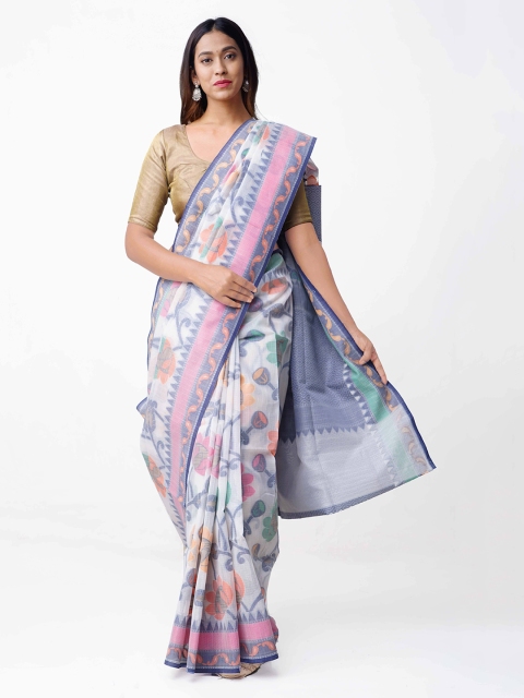 

Unnati Silks White & Blue Silk Cotton Woven Design Banarasi Handloom Saree