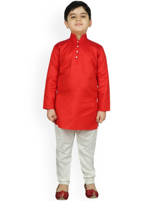 

SG YUVRAJ Boys Red & White Woven Design Kurta with Churidar