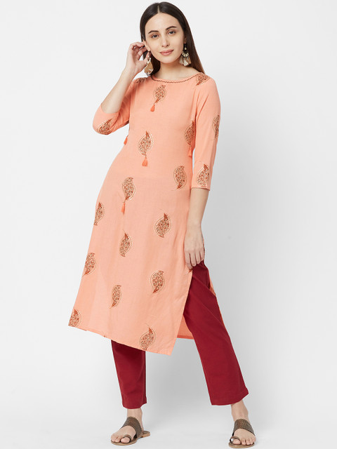 

FASHOR Women Peach Floral Printed Straight Kurta