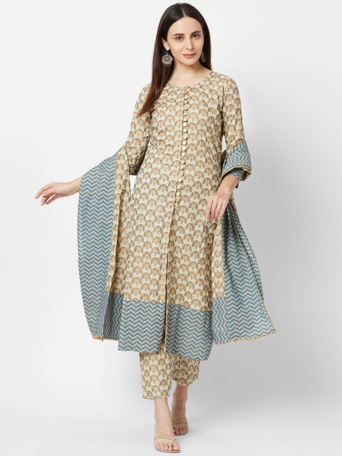 

FASHOR Women Beige & Blue Printed Kurta with Trousers & Dupatta