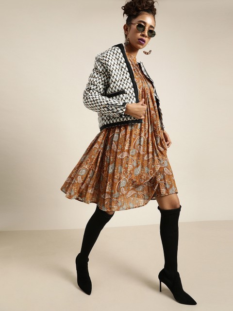 

Moda Rapido Women Mustard Yellow Ethnic Motifs Print Accordion Pleated A-Line Dress