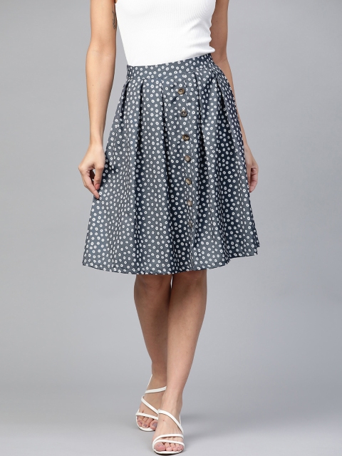 

HERE&NOW Women Navy & White Floral Print A-Line Skirt, Navy blue