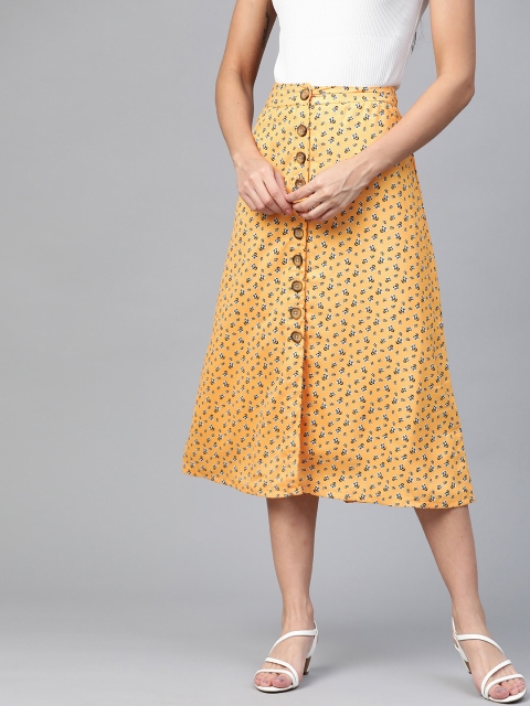 

HERE&NOW Women Yellow & Black Floral Print A-Line Skirt