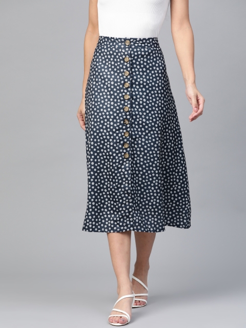 

HERE&NOW Women Navy & White Floral Print A-Line Skirt, Navy blue