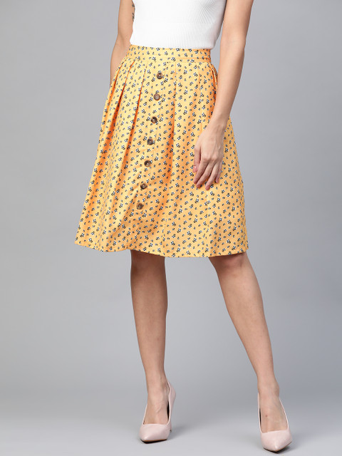 

HERE&NOW Women Yellow & Black Floral Print A-Line Skirt