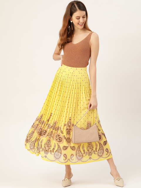 

Moda Rapido Women Yellow & Brown Paisley Printed Accordion Pleated A-Line Skirt