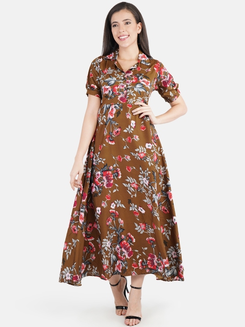 

Indietoga Women Brown Floral Printed Fit and Flare Dress