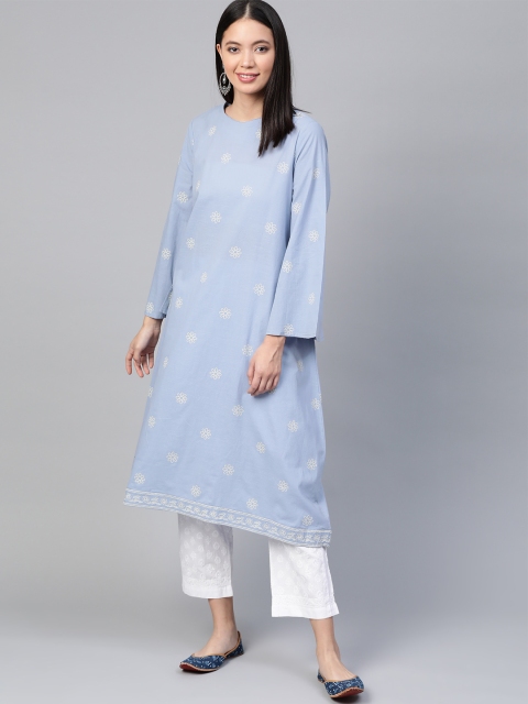 

HERE&NOW Women Blue & Off-White Printed A-Line Kurta