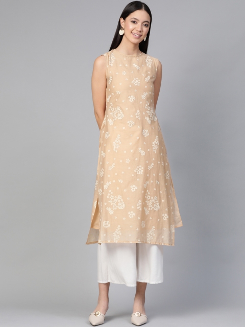 

HERE&NOW Women Beige & Off-White Floral Printed Layered Straight Kurta