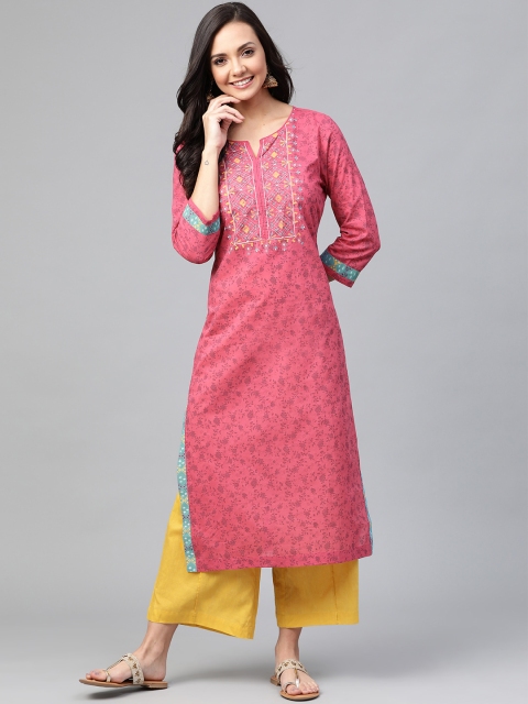 

HERE&NOW Women Pink & Blue Printed Straight Kurta