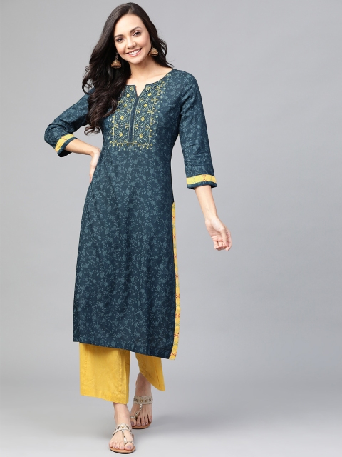 

HERE&NOW Women Teal Blue & YelLow Printed Straight Kurta