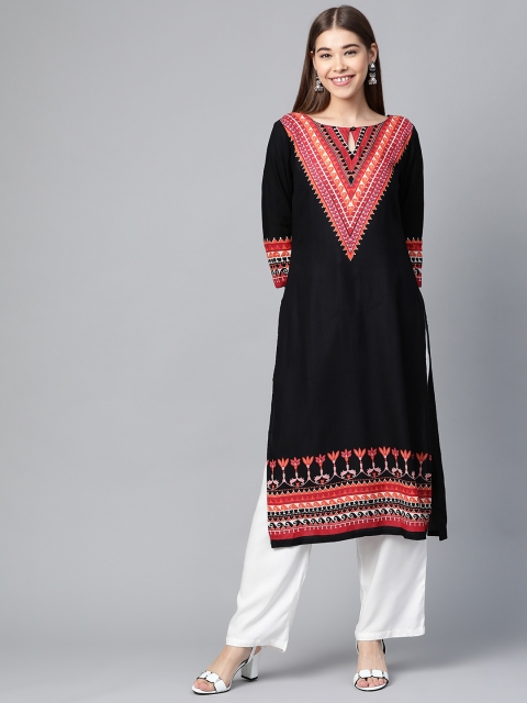 

HERE&NOW Women Black & Orange Yoke Design Straight Kurta