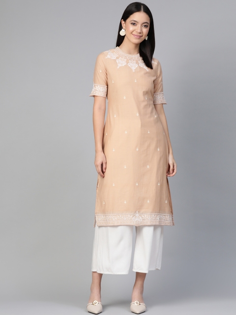 

HERE&NOW Women Beige & White Embroidered Straight Kurta