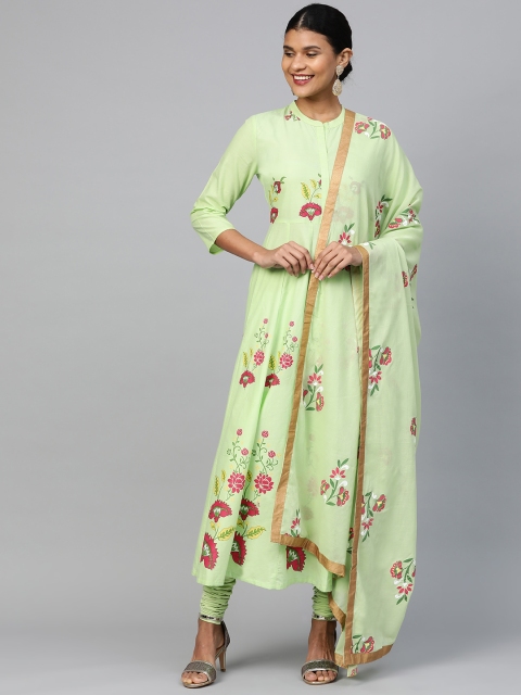 

HERE&NOW Women Green & Pink Floral Print Kurta with Churidar & Dupatta