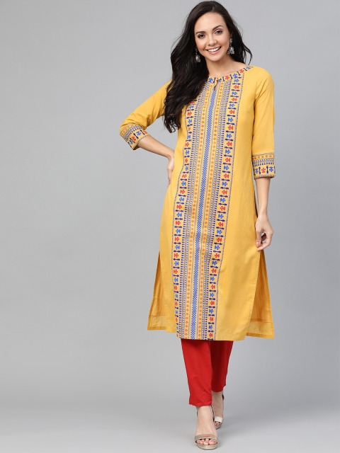 

HERE&NOW Women Mustard Yellow & Blue Printed Straight Kurta