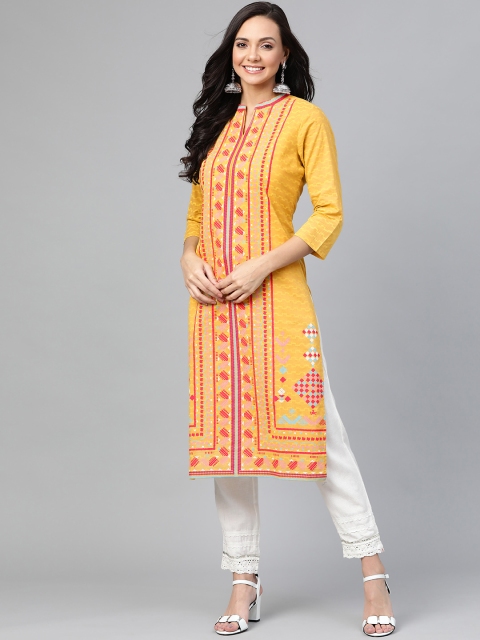 

HERE&NOW Women Mustard Yellow & Pink Printed Straight Kurta