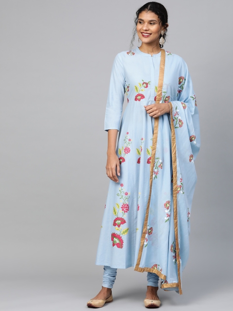 

HERE&NOW Women Blue & Pink Floral Print Kurta with Churidar & Dupatta