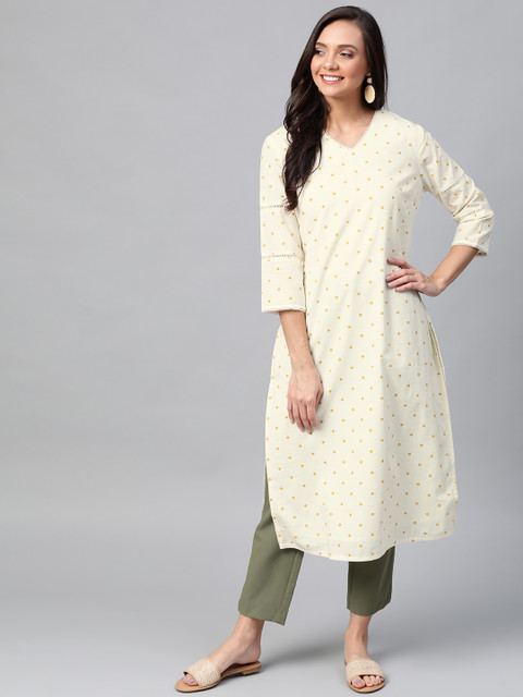 

HERE&NOW Women Cream-Coloured & Mustard Yellow Printed Straight Kurta