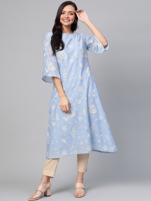 

HERE&NOW Women Blue & Cream-Coloured Floral Print A-Line Kurta